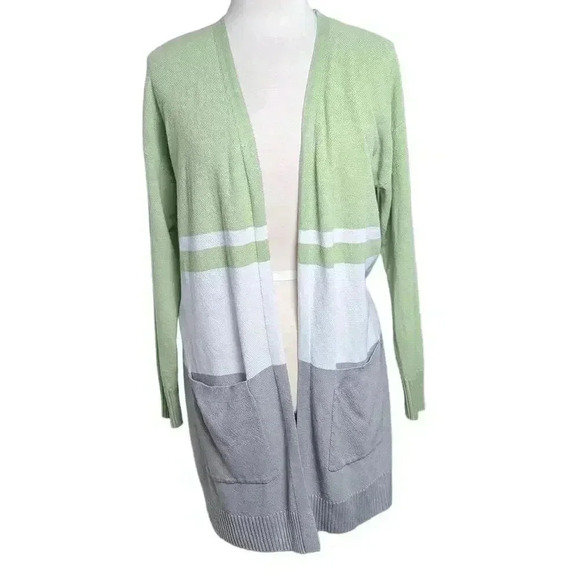 Womens Open Front Cardigan Knit Sweater with Pockets White Green & Gray Size Med - Picture 1 of 10